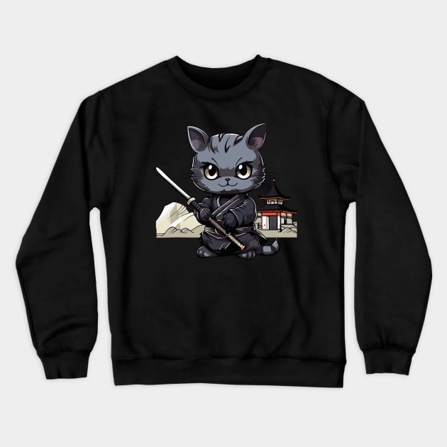 Japanese Samurai Cat Kawaii Ninja Cat Crewneck Sweatshirt by rhazi mode plagget